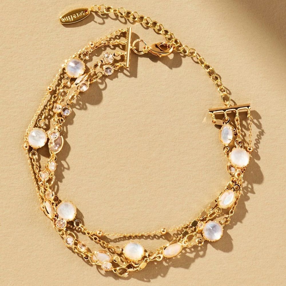 NWT Anthropologie Layered Crystal Bracelet White 14k Gold-plated Brass + Pouch
